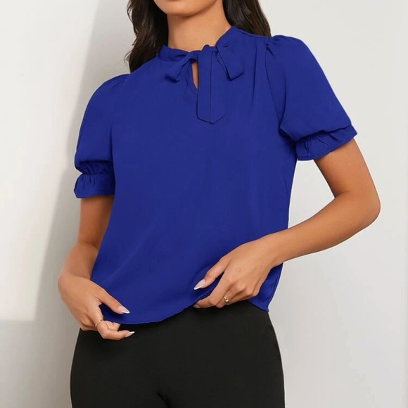 Luxe ruffle trim tie neck blouse - Picture 11 of 16